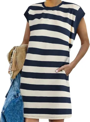 Womens Striped Summer Dresses 2024 Crewneck Patchwork Casual Loose Color Block Tshirt Dress with Pockets