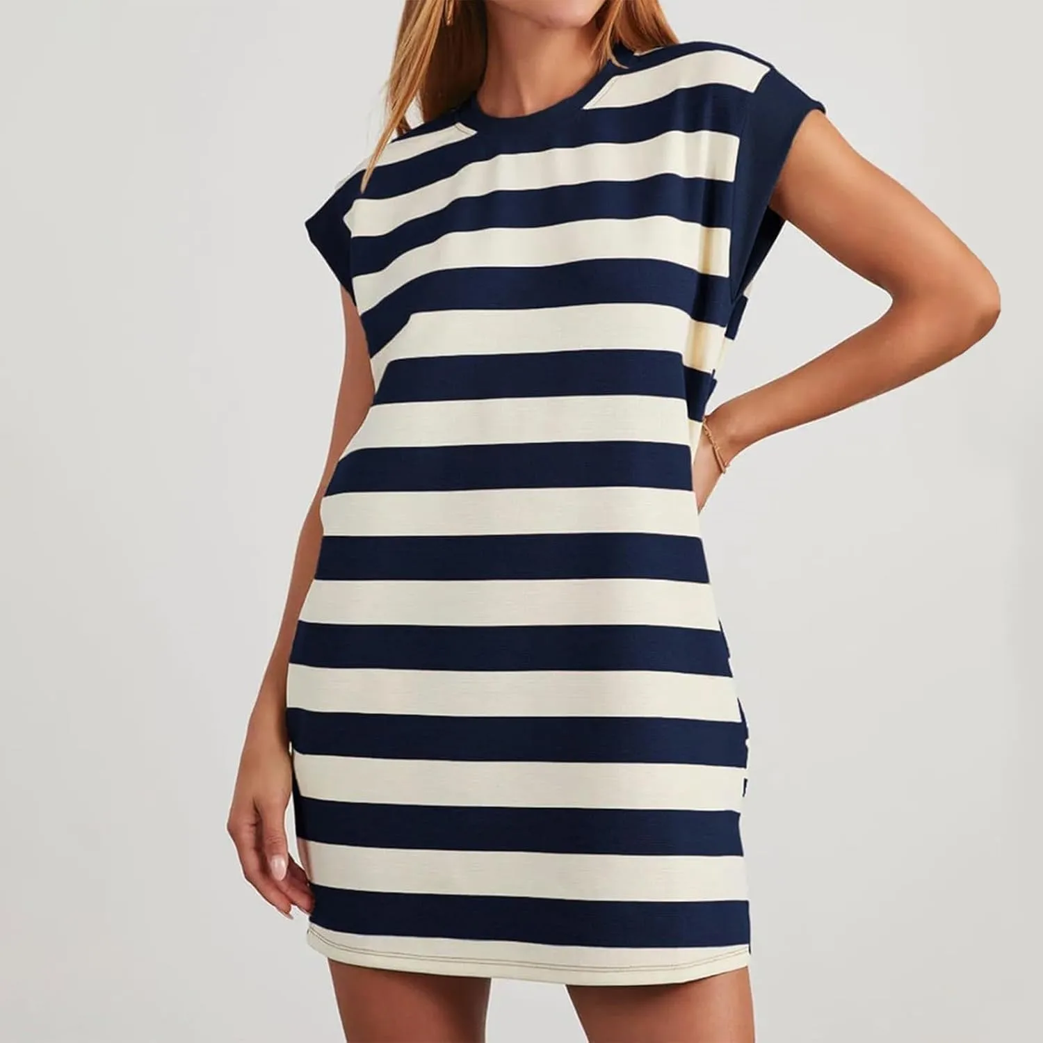 Womens Striped Summer Dresses 2024 Crewneck Patchwork Casual Loose Color Block Tshirt Dress with Pockets