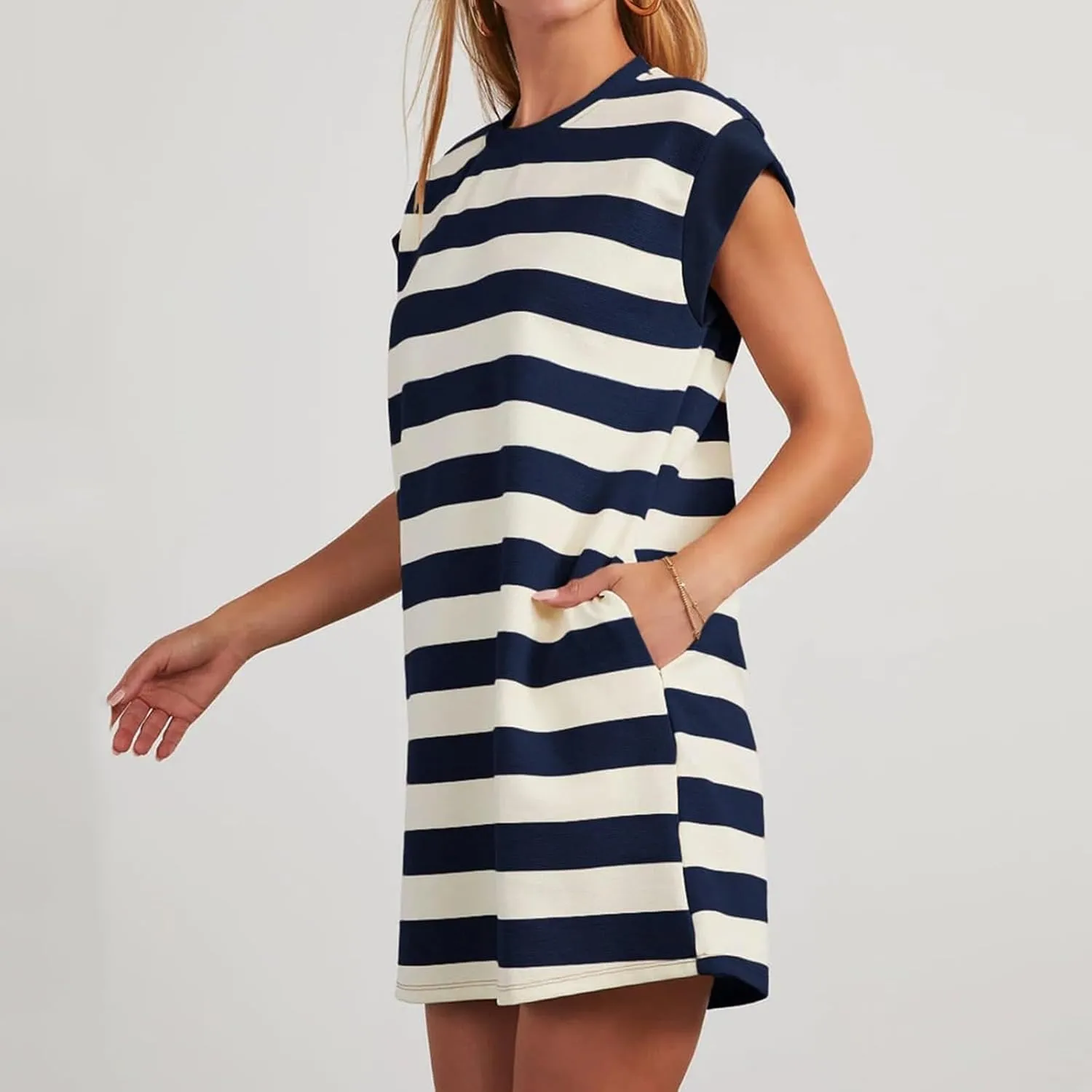 Womens Striped Summer Dresses 2024 Crewneck Patchwork Casual Loose Color Block Tshirt Dress with Pockets