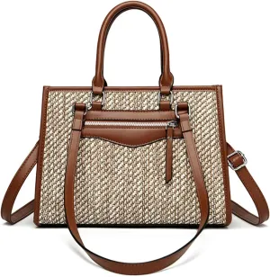 Women's Stylish Top Handle Satchel Bag PU Leather Weave Shoulder Bag Simple Crossbody Outdoor Stitching Handbag Pursebag1938OWOISS