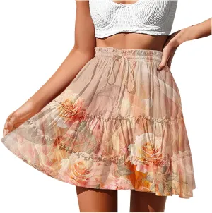 Womens Summer 2024 Tulle Long Skirts Irregular Hem High Waist Skirt Pleated Printed Mesh Midi Skirts for Ladies