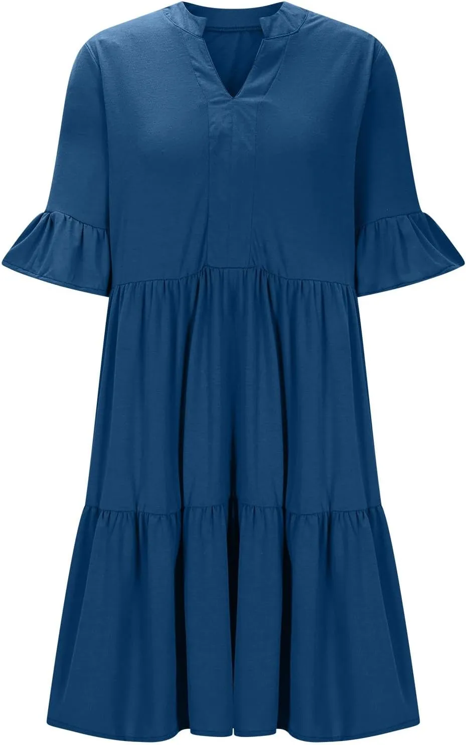 Womens Summer 2025 Trendy Ruffle Short Sleeve V Neck A Line Tiered Flowy Loose Casual Mini Beach Shirt Dress with Pockets