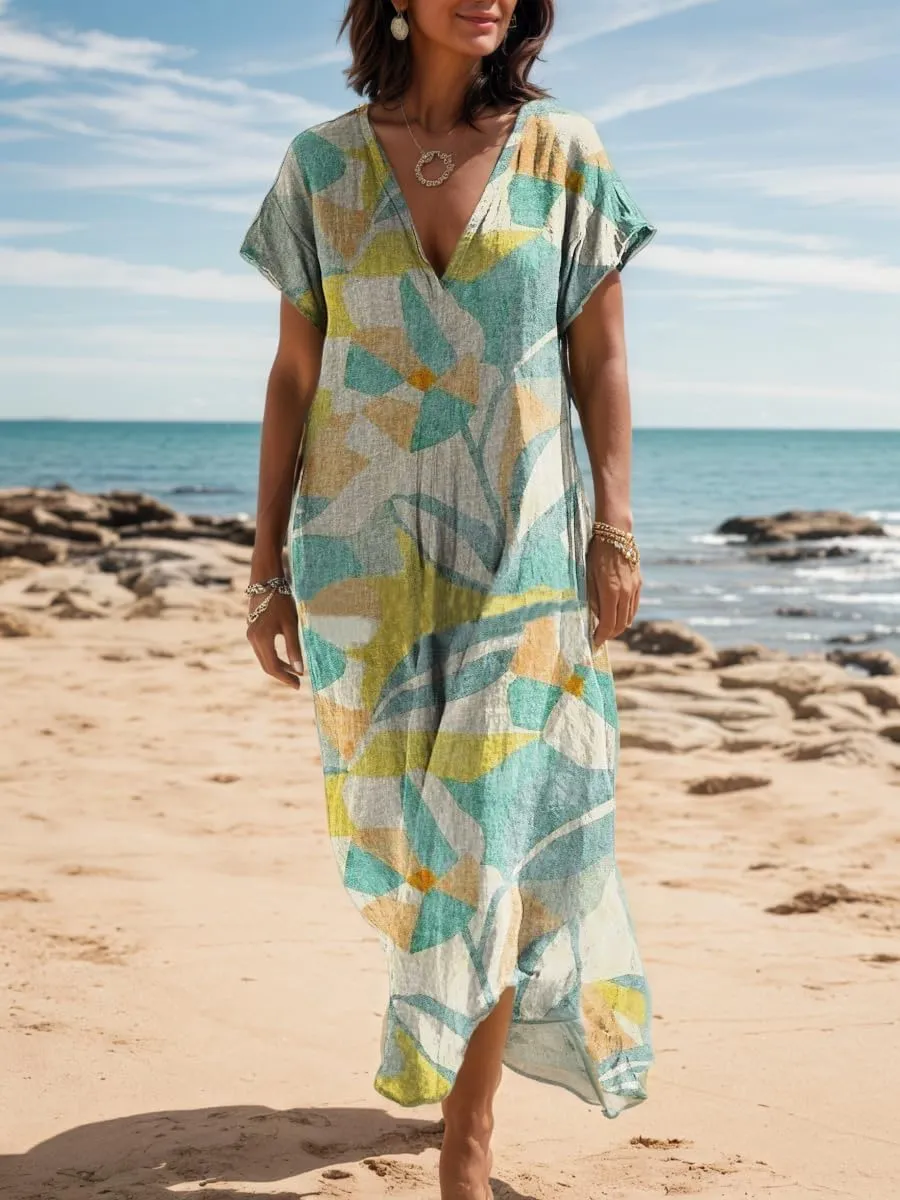 Women's Summer Bohemian Print Lightweight Floor Length Maxi Dress Casual Floral Short Sleeve V-Neck Beach Sundress