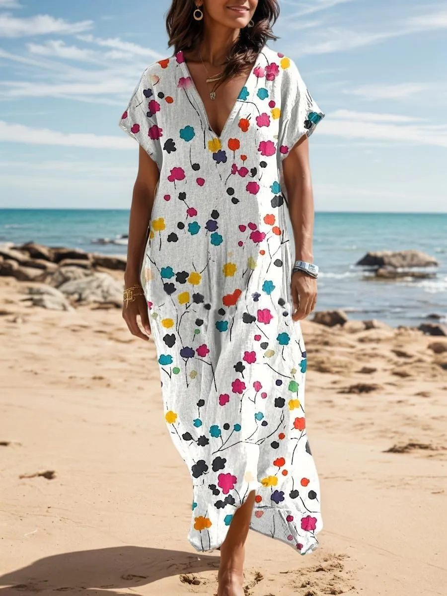 Women's Summer Bohemian Print Lightweight Floor Length Maxi Dress Casual Floral Short Sleeve V-Neck Beach Sundress