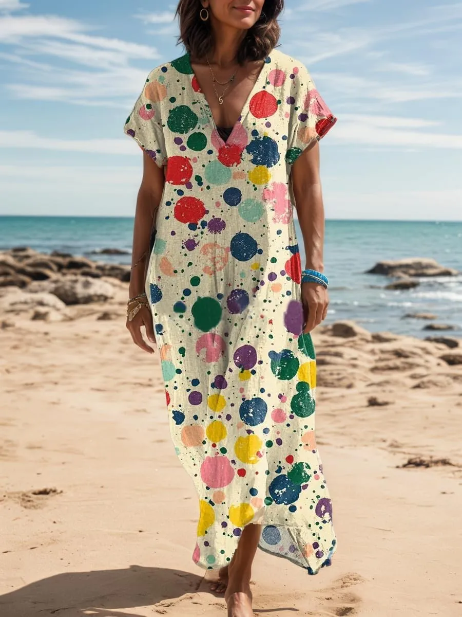 Women's Summer Bohemian Print Lightweight Floor Length Maxi Dress Casual Floral Short Sleeve V-Neck Beach Sundress