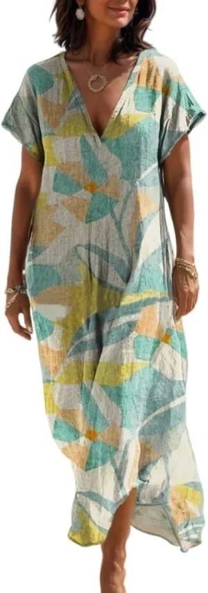 Women's Summer Bohemian Print Lightweight Floor Length Maxi Dress Casual Floral Short Sleeve V-Neck Beach Sundress
