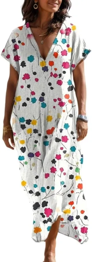Women's Summer Bohemian Print Lightweight Floor Length Maxi Dress Casual Floral Short Sleeve V-Neck Beach Sundress