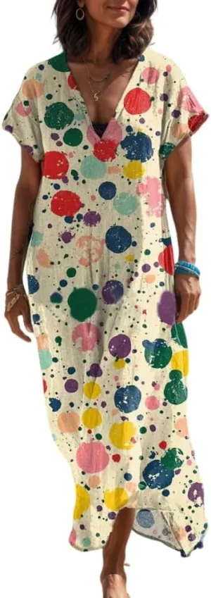 Women's Summer Bohemian Print Lightweight Floor Length Maxi Dress Casual Floral Short Sleeve V-Neck Beach Sundress