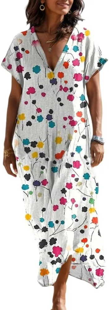 Women's Summer Bohemian Print Lightweight Floor Length Maxi Dress Casual Floral Short Sleeve V-Neck Beach Sundress