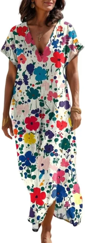 Women's Summer Bohemian Print Lightweight Floor Length Maxi Dress Casual Floral Short Sleeve V-Neck Beach Sundress