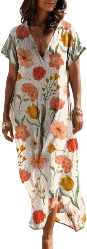 Women's Summer Bohemian Print Lightweight Floor Length Maxi Dress Casual Floral Short Sleeve V-Neck Beach Sundress