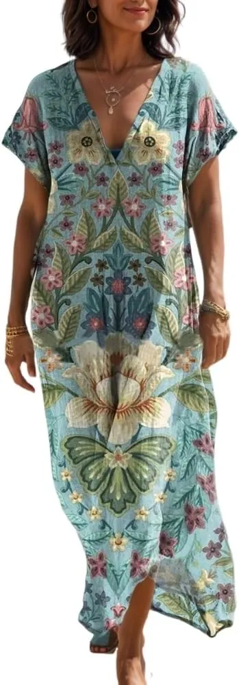 Women's Summer Bohemian Print Lightweight Floor Length Maxi Dress Casual Floral Short Sleeve V-Neck Beach Sundress