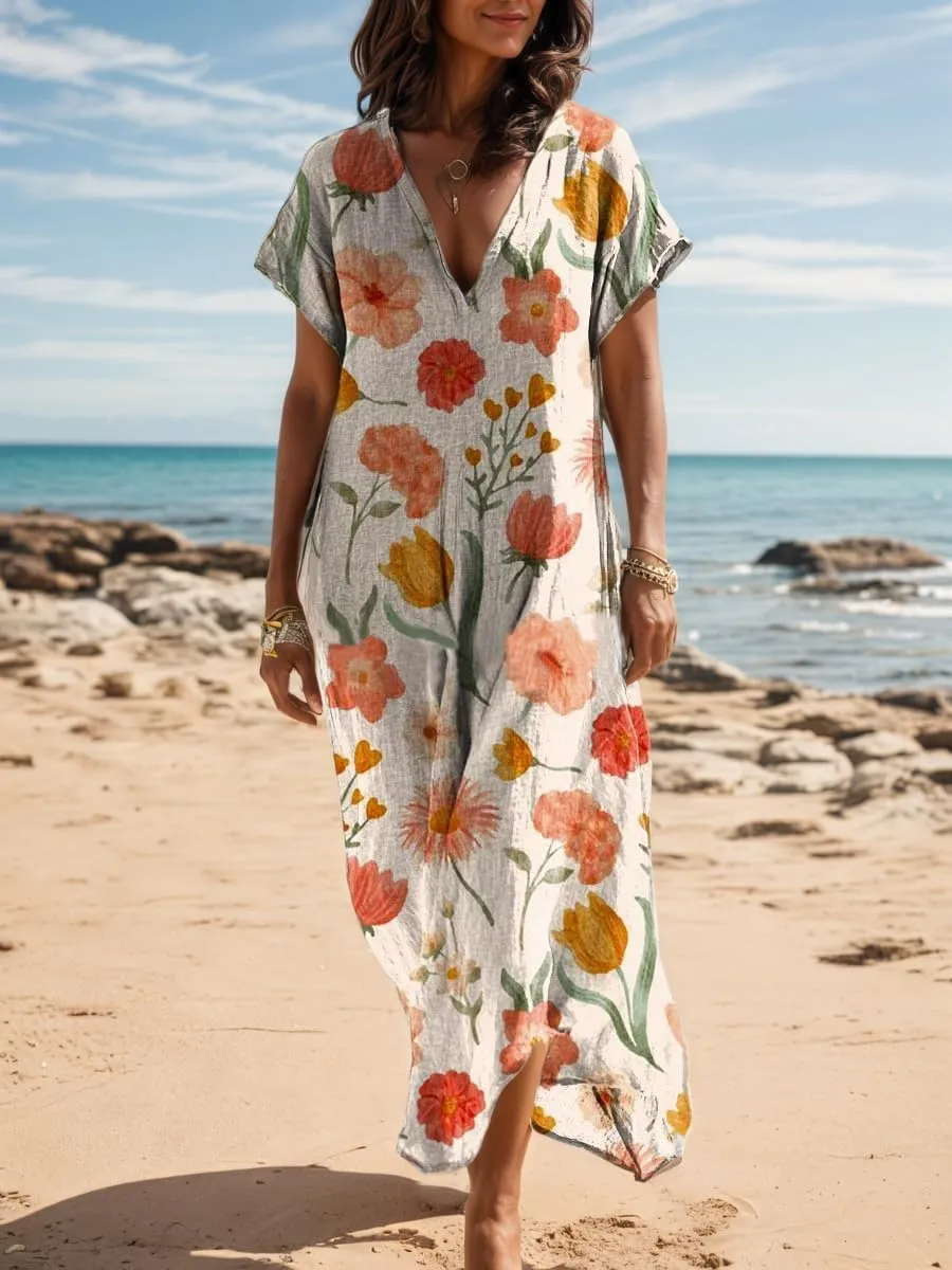 Women's Summer Bohemian Print Lightweight Floor Length Maxi Dress Casual Floral Short Sleeve V-Neck Beach Sundress