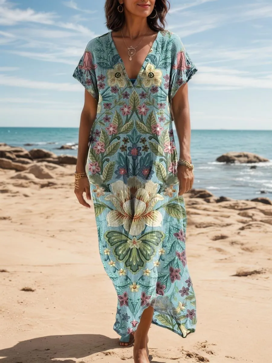 Women's Summer Bohemian Print Lightweight Floor Length Maxi Dress Casual Floral Short Sleeve V-Neck Beach Sundress