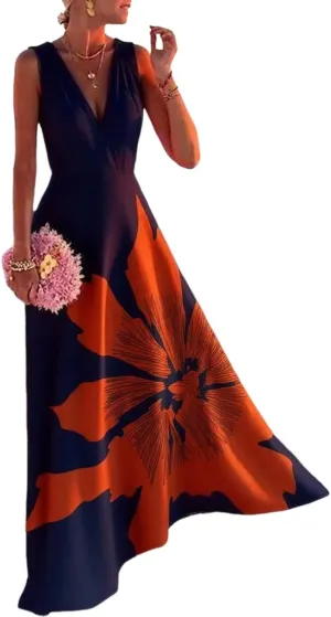 Womens Summer Dark Blue Sleeveless V Neck Floral Print A-Line Sexy Dinner Party Maxi Dress