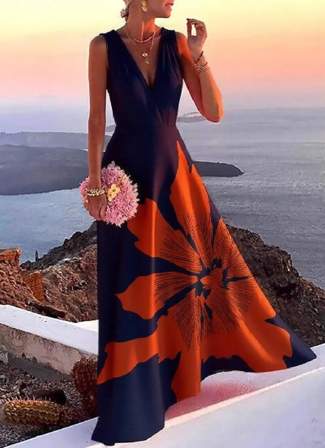 Womens Summer Dark Blue Sleeveless V Neck Floral Print A-Line Sexy Dinner Party Maxi Dress