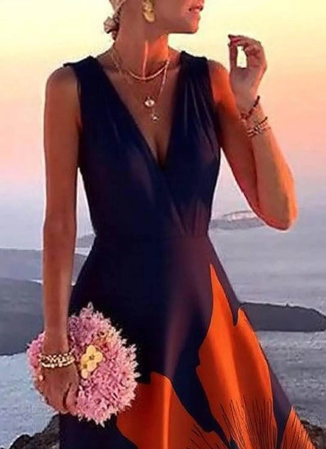 Womens Summer Dark Blue Sleeveless V Neck Floral Print A-Line Sexy Dinner Party Maxi Dress