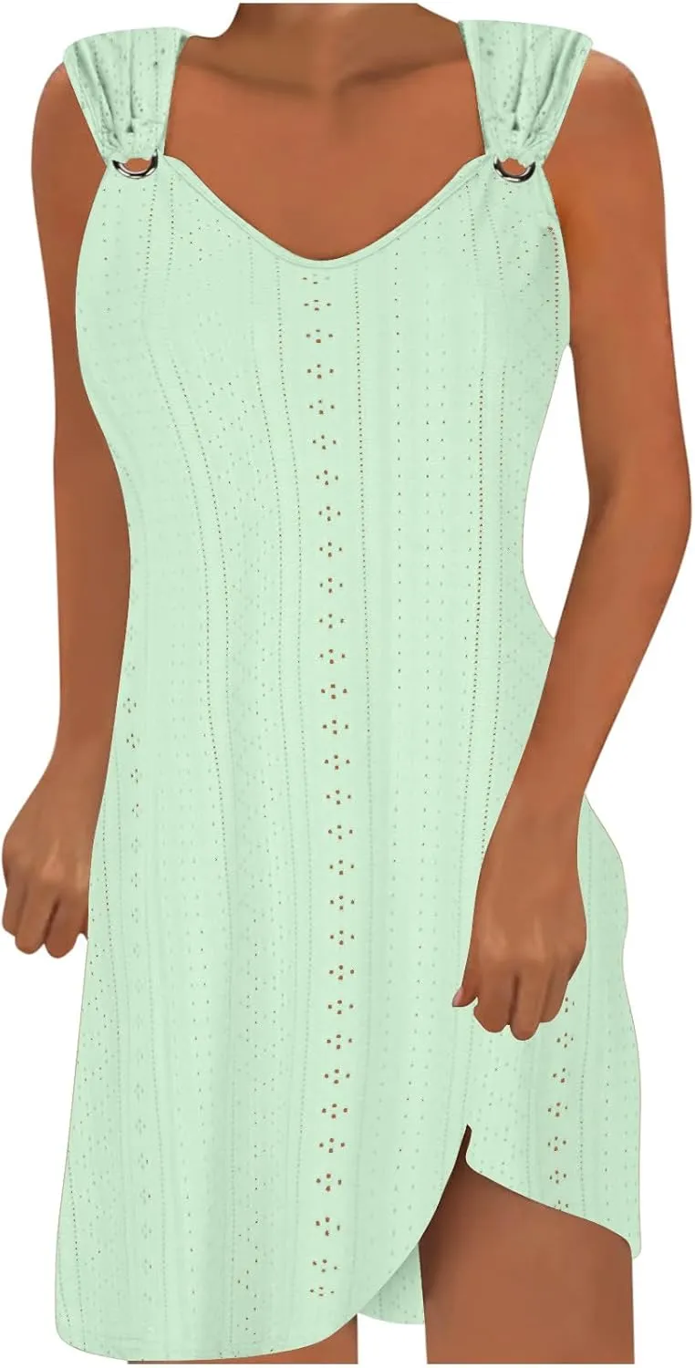 Womens Summer Dresses 2024 Casual Solid V-Neck Sleeveless Short Dress Palace Lock Flowy Loose Fit Mini Dress
