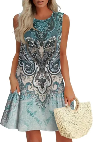 Womens Summer Dresses Casual Sleeveless Tank Dress Business Ruffle Hem Crewneck Trendy Mini Dresses