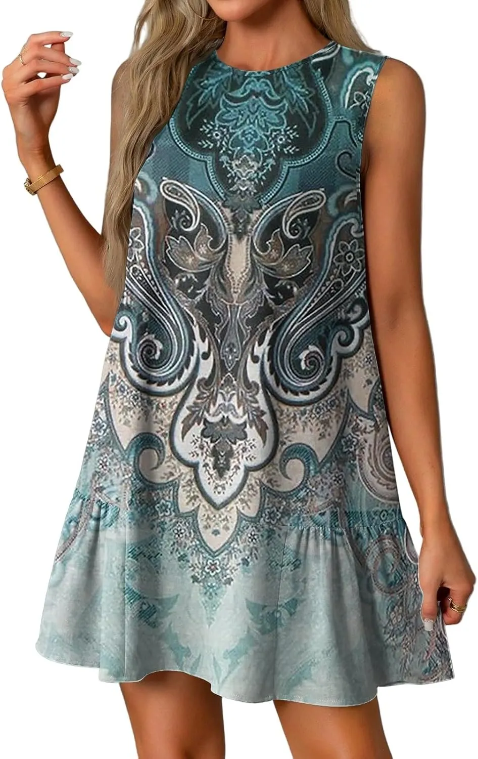 Womens Summer Dresses Casual Sleeveless Tank Dress Business Ruffle Hem Crewneck Trendy Mini Dresses