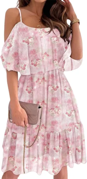Women's Summer Dresses Off The Shoulder Tiered Ruffle Hem Flowy Swing Floral Romantic Pink Mini Dress