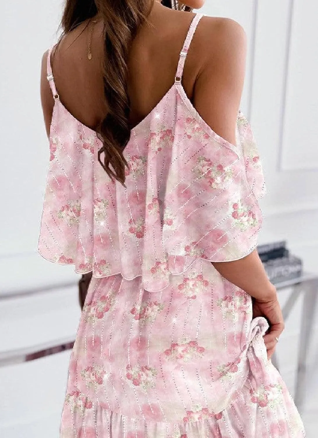 Women's Summer Dresses Off The Shoulder Tiered Ruffle Hem Flowy Swing Floral Romantic Pink Mini Dress