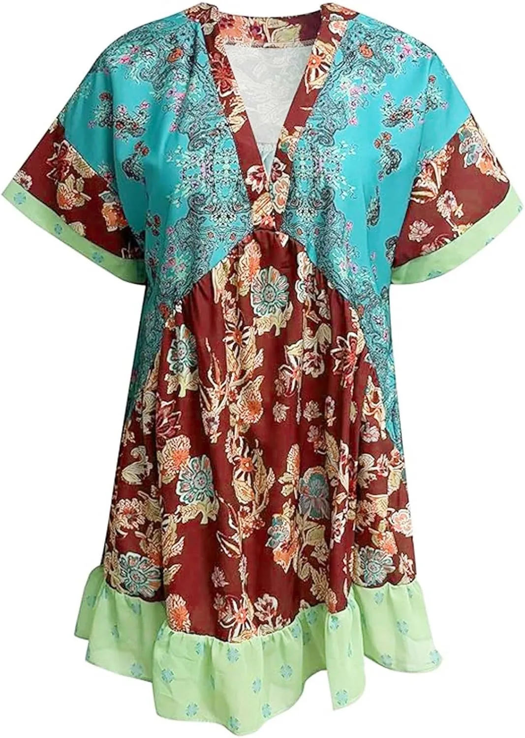 Womens Summer Floral Dresses Short Sleeve V Neck Boho Swing Mini Dress Vacation Trendy Outfits for Women
