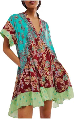 Womens Summer Floral Dresses Short Sleeve V Neck Boho Swing Mini Dress Vacation Trendy Outfits for Women