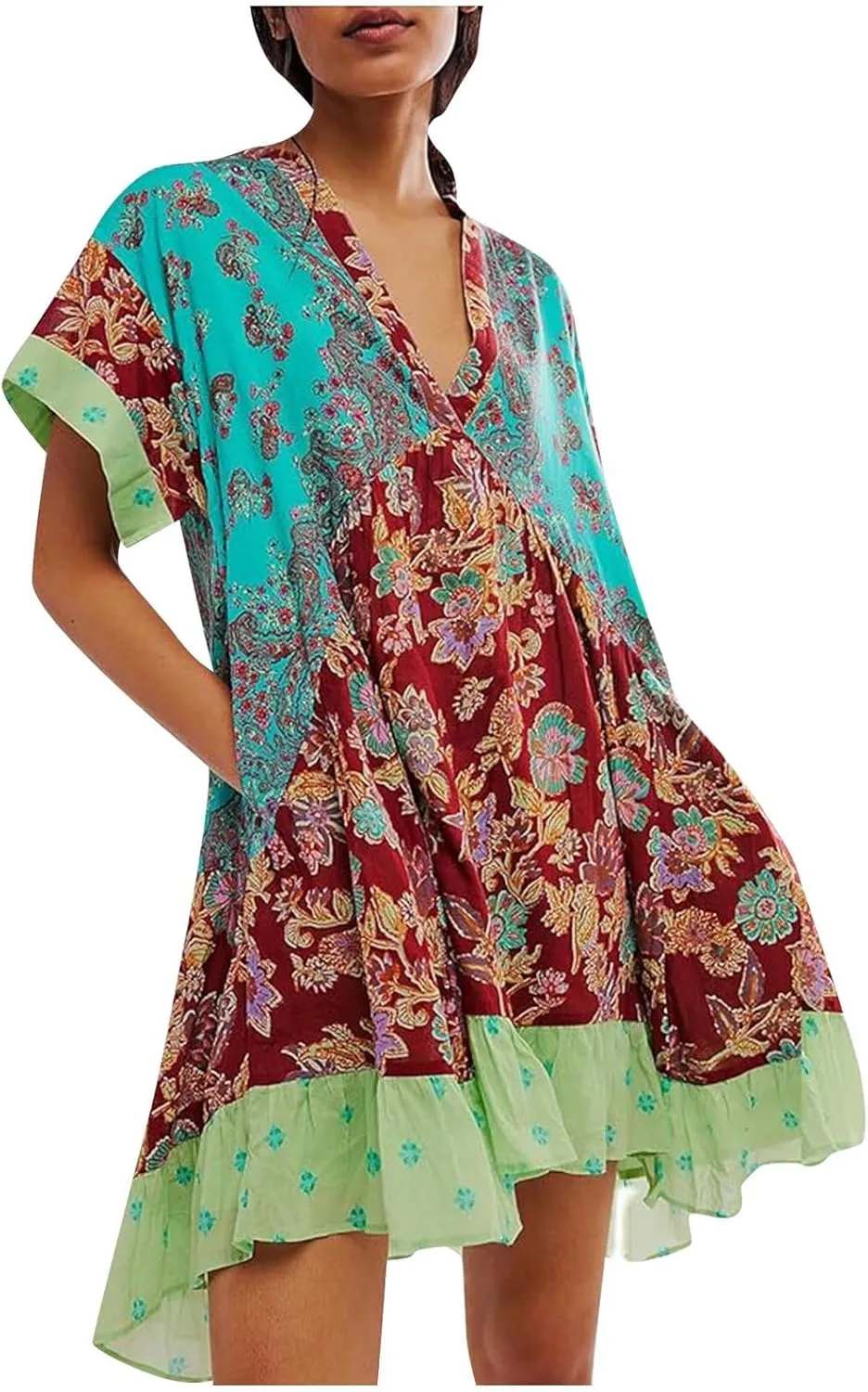 Womens Summer Floral Dresses Short Sleeve V Neck Boho Swing Mini Dress Vacation Trendy Outfits for Women