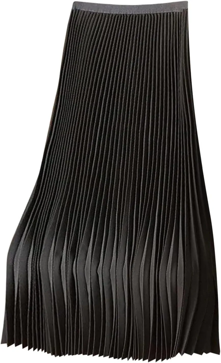Women's Summer Midi Satin Skirt Dressy Casual High Waisted Pleated Elastic Waist A Line Flowy Elegant Skirts