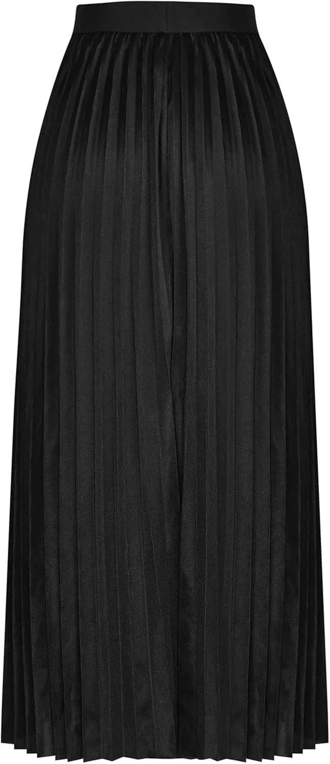 Women's Summer Midi Satin Skirt Dressy Casual High Waisted Pleated Elastic Waist A Line Flowy Elegant Skirts