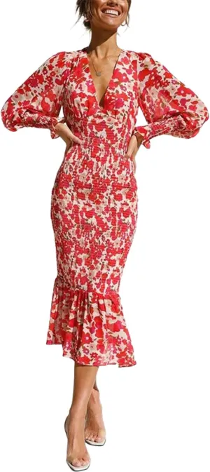 Women's Summer Romance Fervent Floral Print Sexy V Neck Lantern Long Sleeve Ruffle Bodycon Vacation Midi Dress