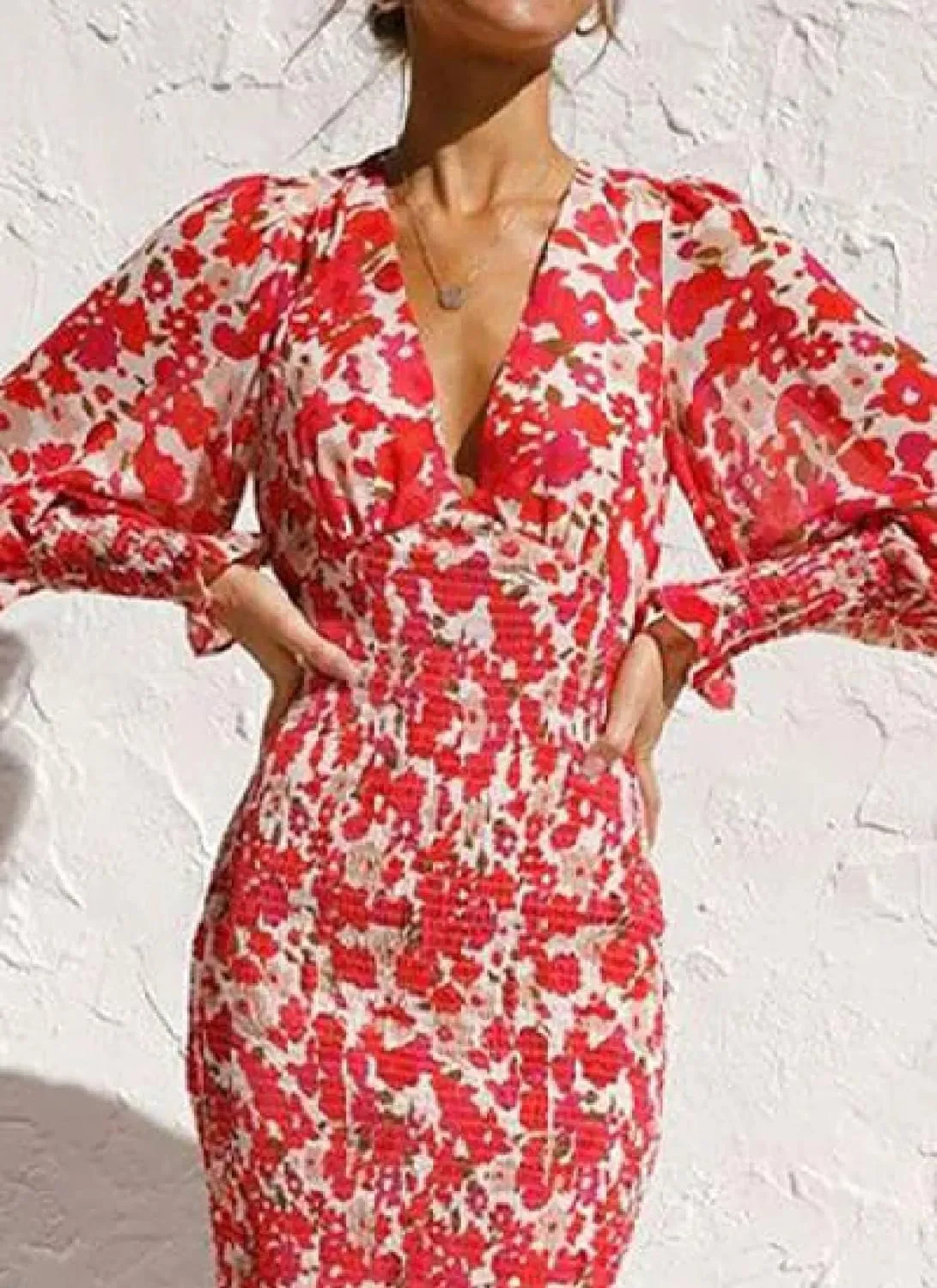 Women's Summer Romance Fervent Floral Print Sexy V Neck Lantern Long Sleeve Ruffle Bodycon Vacation Midi Dress