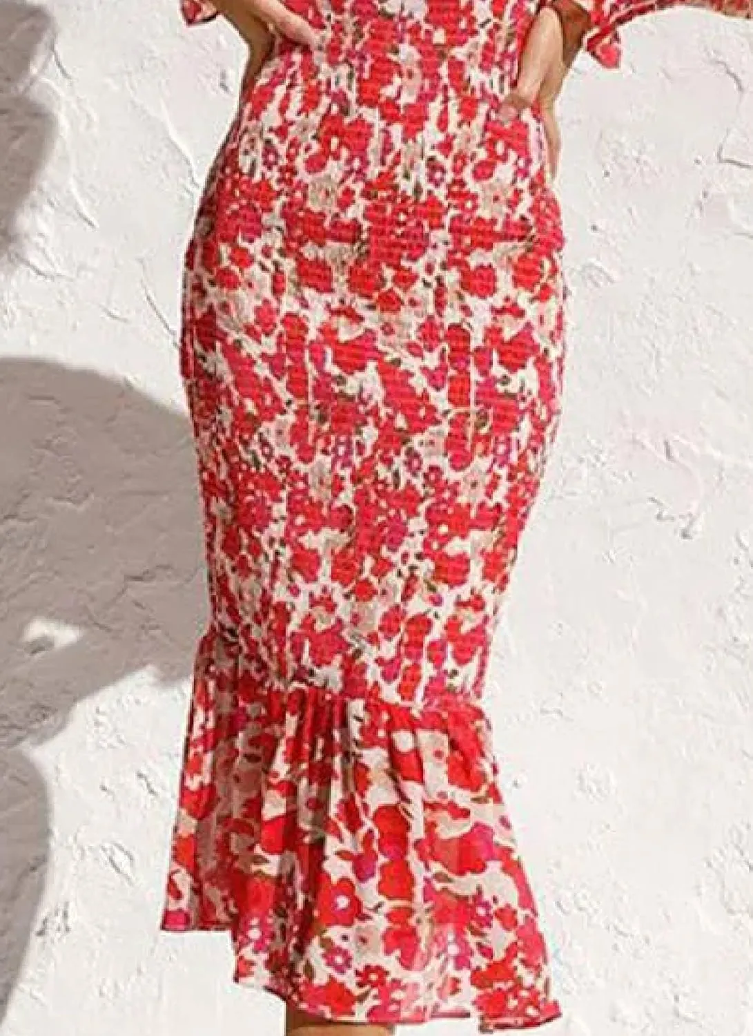 Women's Summer Romance Fervent Floral Print Sexy V Neck Lantern Long Sleeve Ruffle Bodycon Vacation Midi Dress