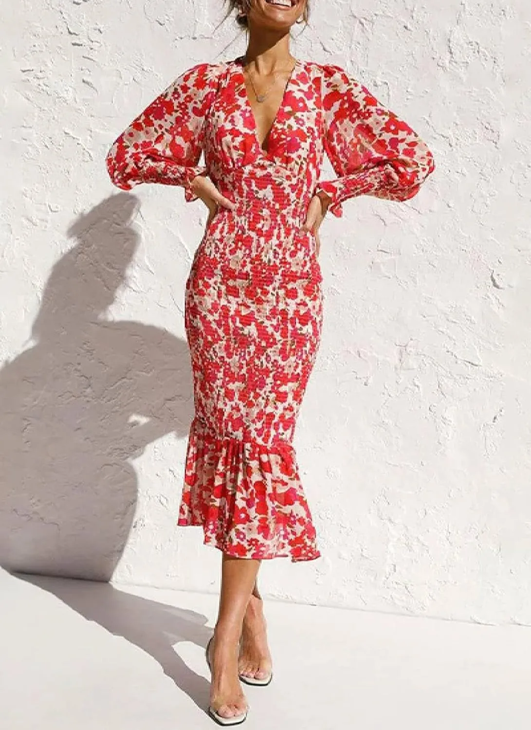 Women's Summer Romance Fervent Floral Print Sexy V Neck Lantern Long Sleeve Ruffle Bodycon Vacation Midi Dress