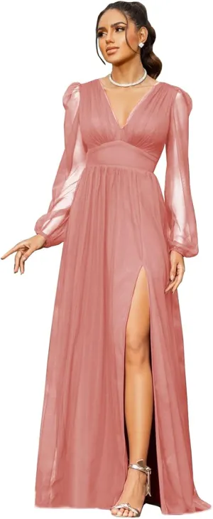 Women's V Neck Bridesmaid Dresses for Wedding Long Sleeves A-Line Chiffon Formal Gown with Slit