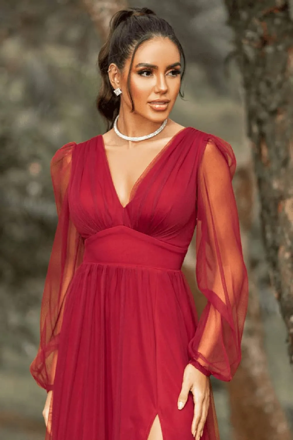 Women's V Neck Bridesmaid Dresses for Wedding Long Sleeves A-Line Chiffon Formal Gown with Slit
