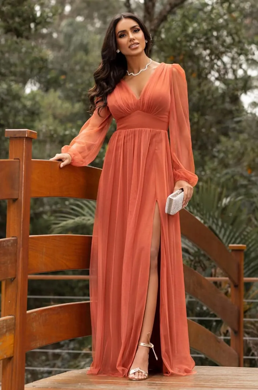 Women's V Neck Bridesmaid Dresses for Wedding Long Sleeves A-Line Chiffon Formal Gown with Slit