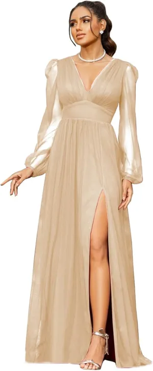 Women's V Neck Bridesmaid Dresses for Wedding Long Sleeves A-Line Chiffon Formal Gown with Slit