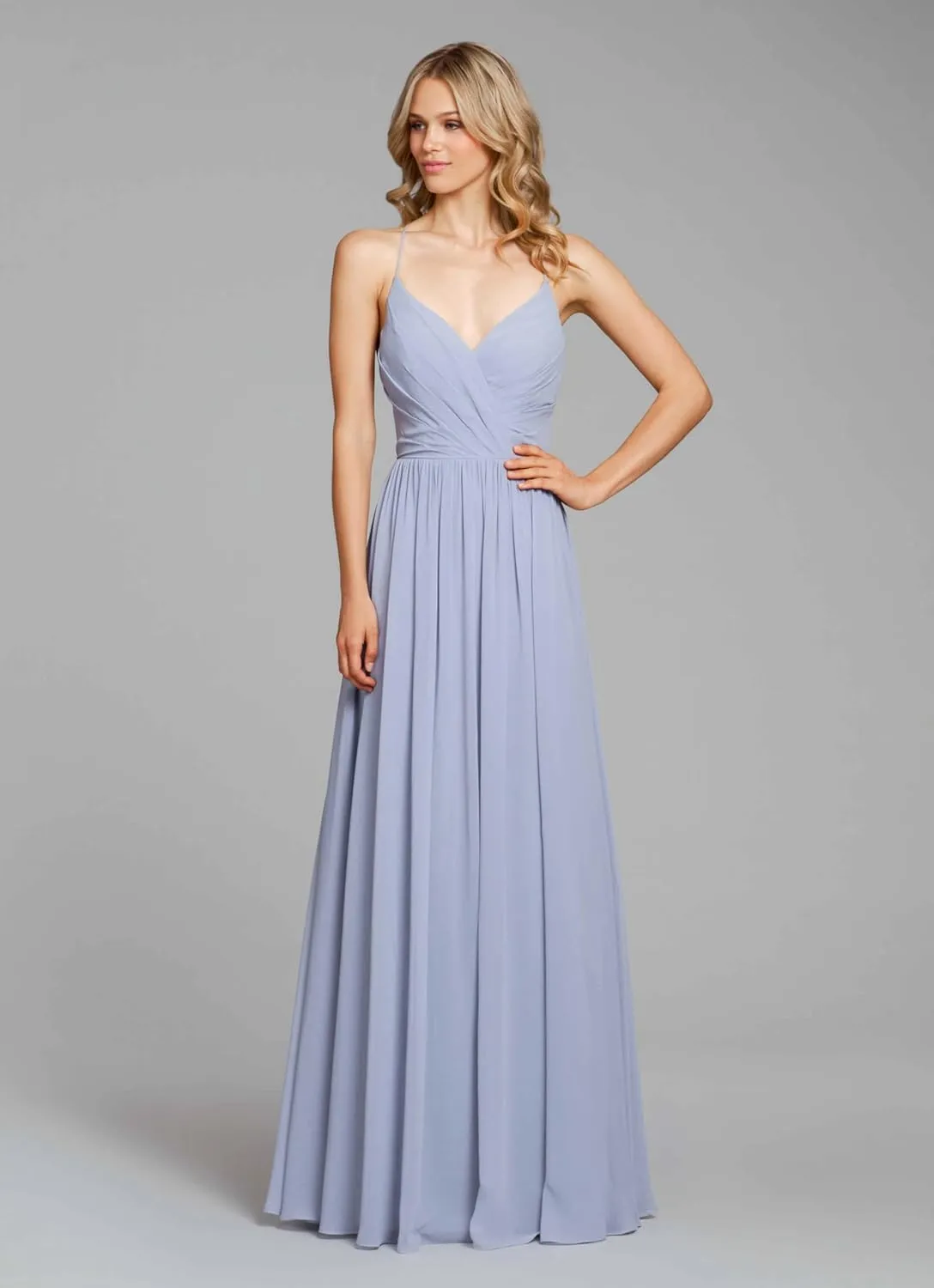 Women's V Neck Bridesmaid Dresses Long for Wedding A-Line Chiffon Open Back Formal Gown with Pockets