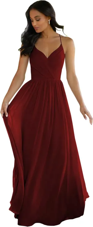 Women's V Neck Bridesmaid Dresses Long for Wedding A-Line Chiffon Open Back Formal Gown with Pockets
