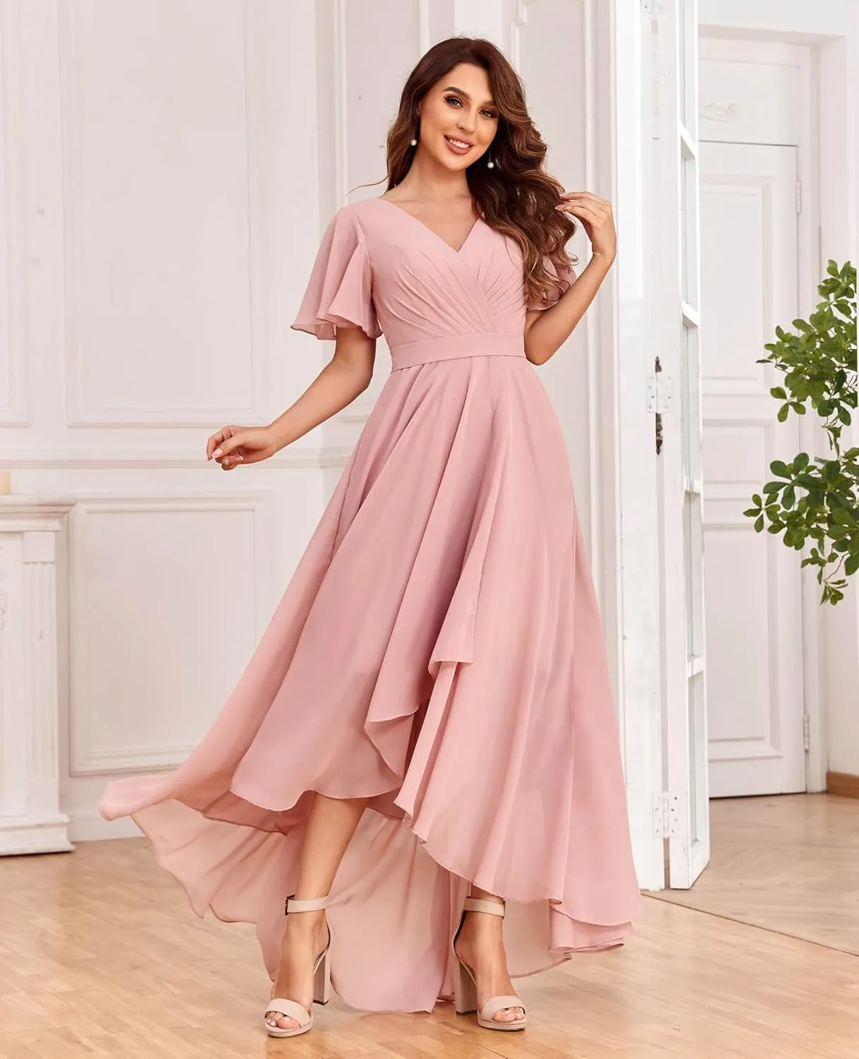 Women's V Neck Bridesmaid Dresses with Sleeves Chiffon A-Line Pleated High Low Formal Gown with Pockets