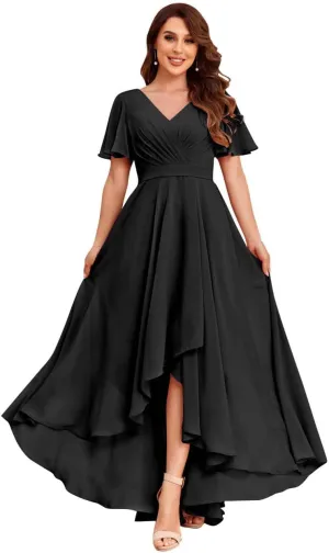 Women's V Neck Bridesmaid Dresses with Sleeves Chiffon A-Line Pleated High Low Formal Gown with Pockets