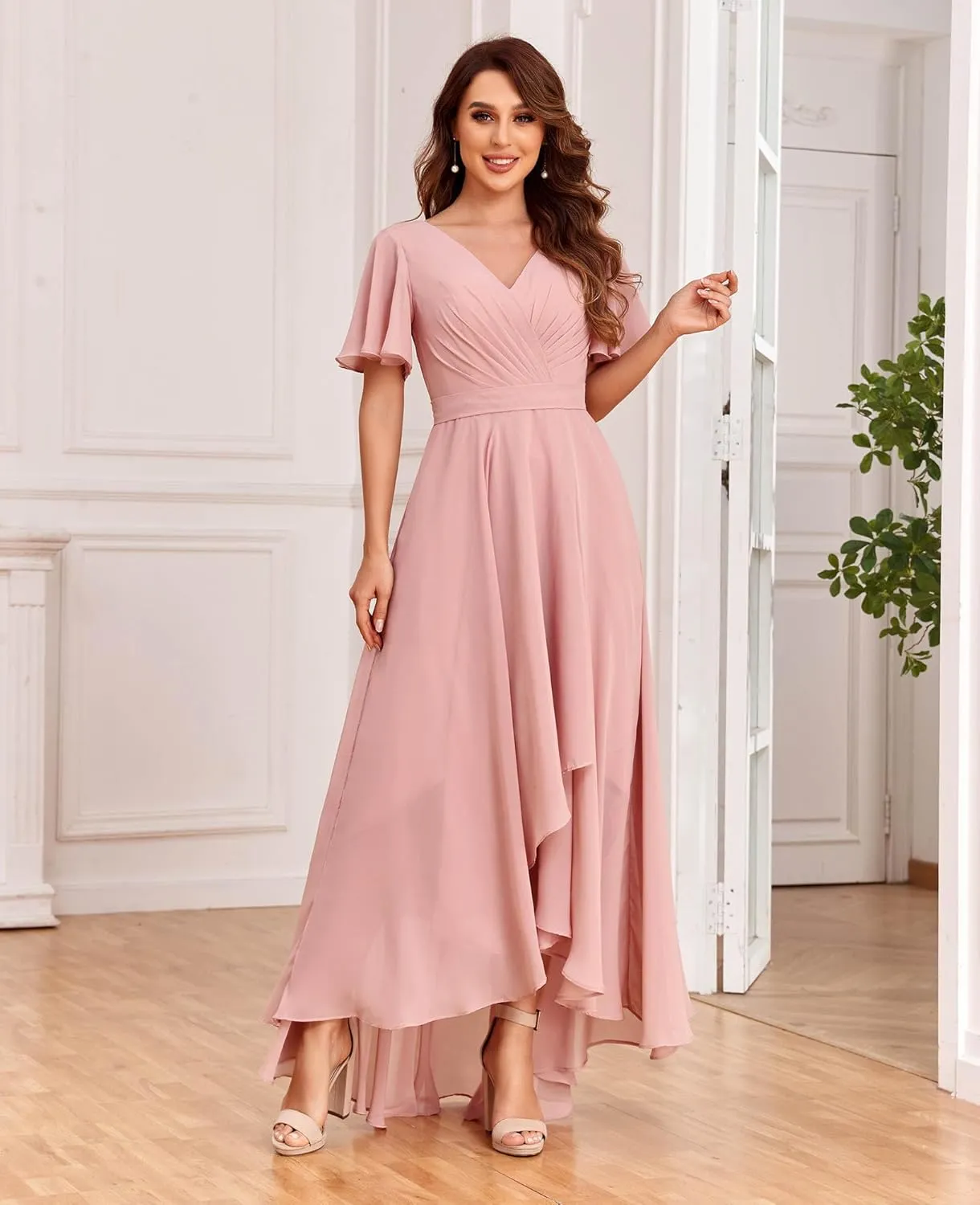 Women's V Neck Bridesmaid Dresses with Sleeves Chiffon A-Line Pleated High Low Formal Gown with Pockets