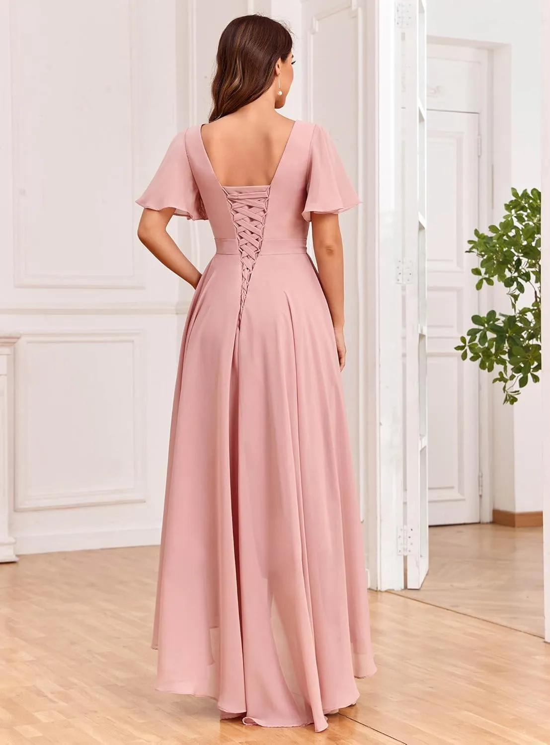 Women's V Neck Bridesmaid Dresses with Sleeves Chiffon A-Line Pleated High Low Formal Gown with Pockets