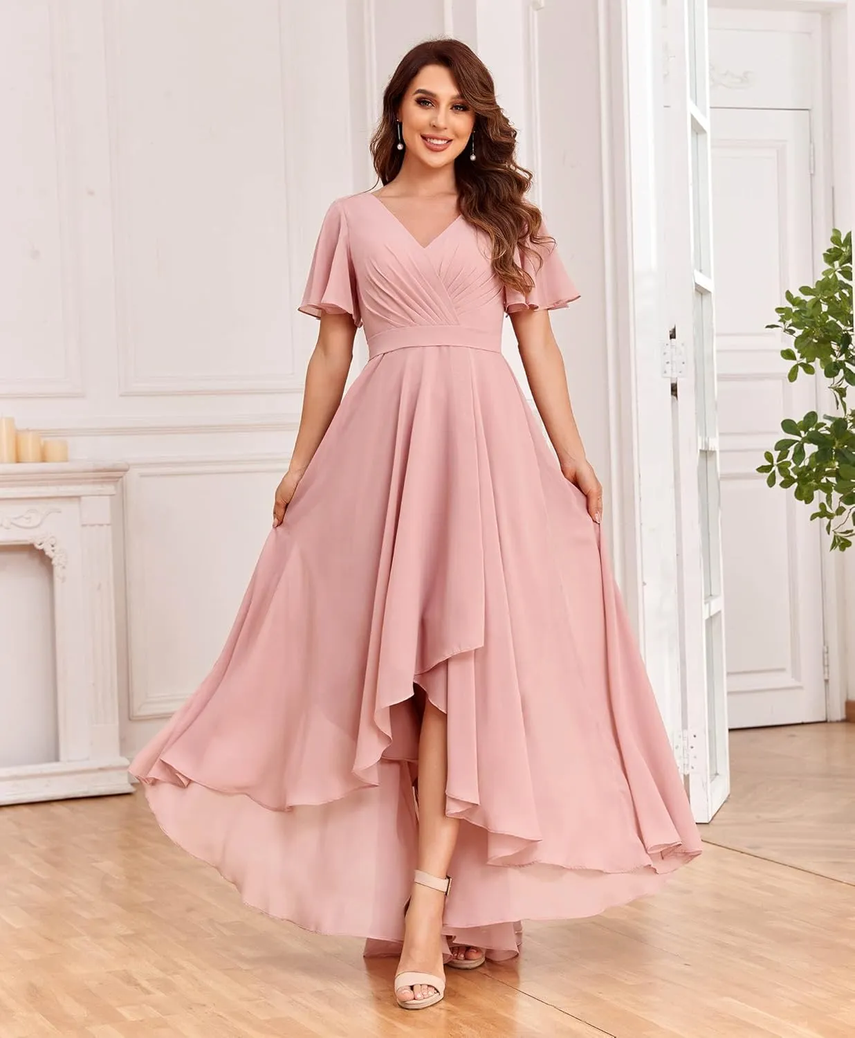 Women's V Neck Bridesmaid Dresses with Sleeves Chiffon A-Line Pleated High Low Formal Gown with Pockets