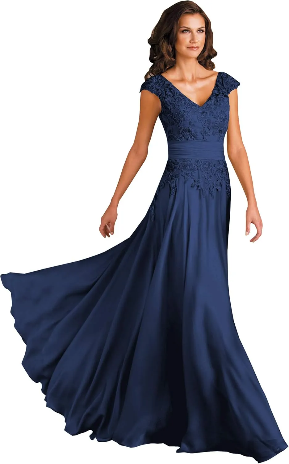 Women's V Neck Mother of The Bride Dresses for Wedding Long Lace A-Line Cap Sleeves Formal Gown with Pockets