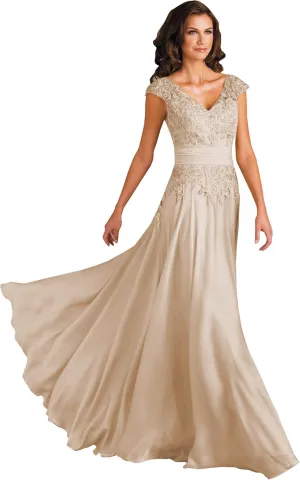 Women's V Neck Mother of The Bride Dresses for Wedding Long Lace A-Line Cap Sleeves Formal Gown with Pockets