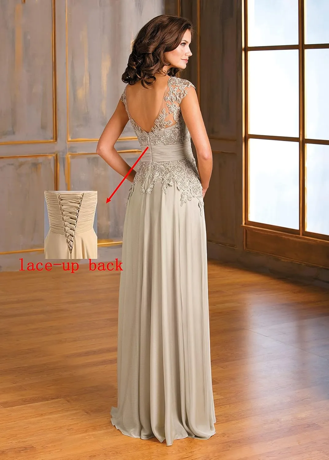 Women's V Neck Mother of The Bride Dresses for Wedding Long Lace A-Line Cap Sleeves Formal Gown with Pockets