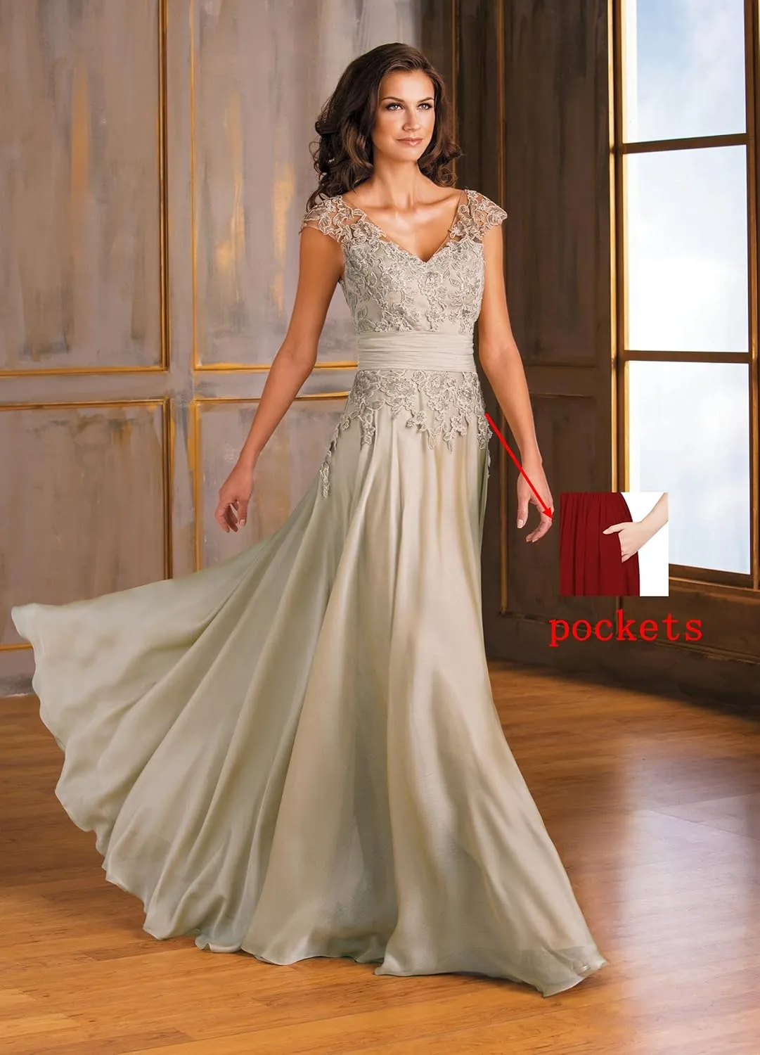 Women's V Neck Mother of The Bride Dresses for Wedding Long Lace A-Line Cap Sleeves Formal Gown with Pockets